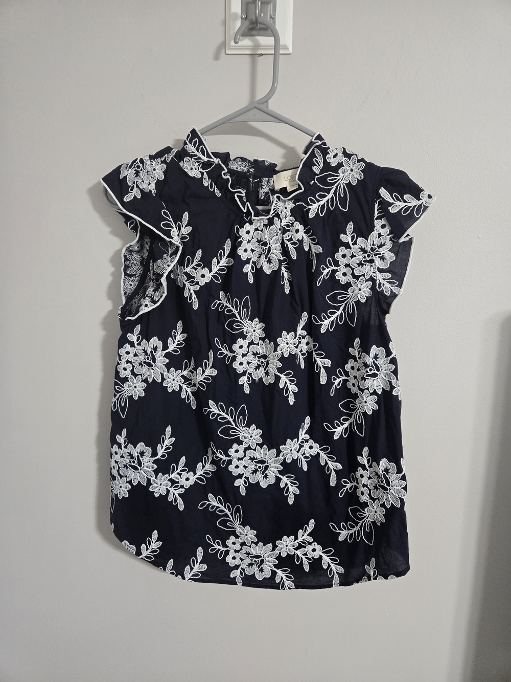 LOFT Navy Floral Embroidered Ruffle Sleeve Blouse